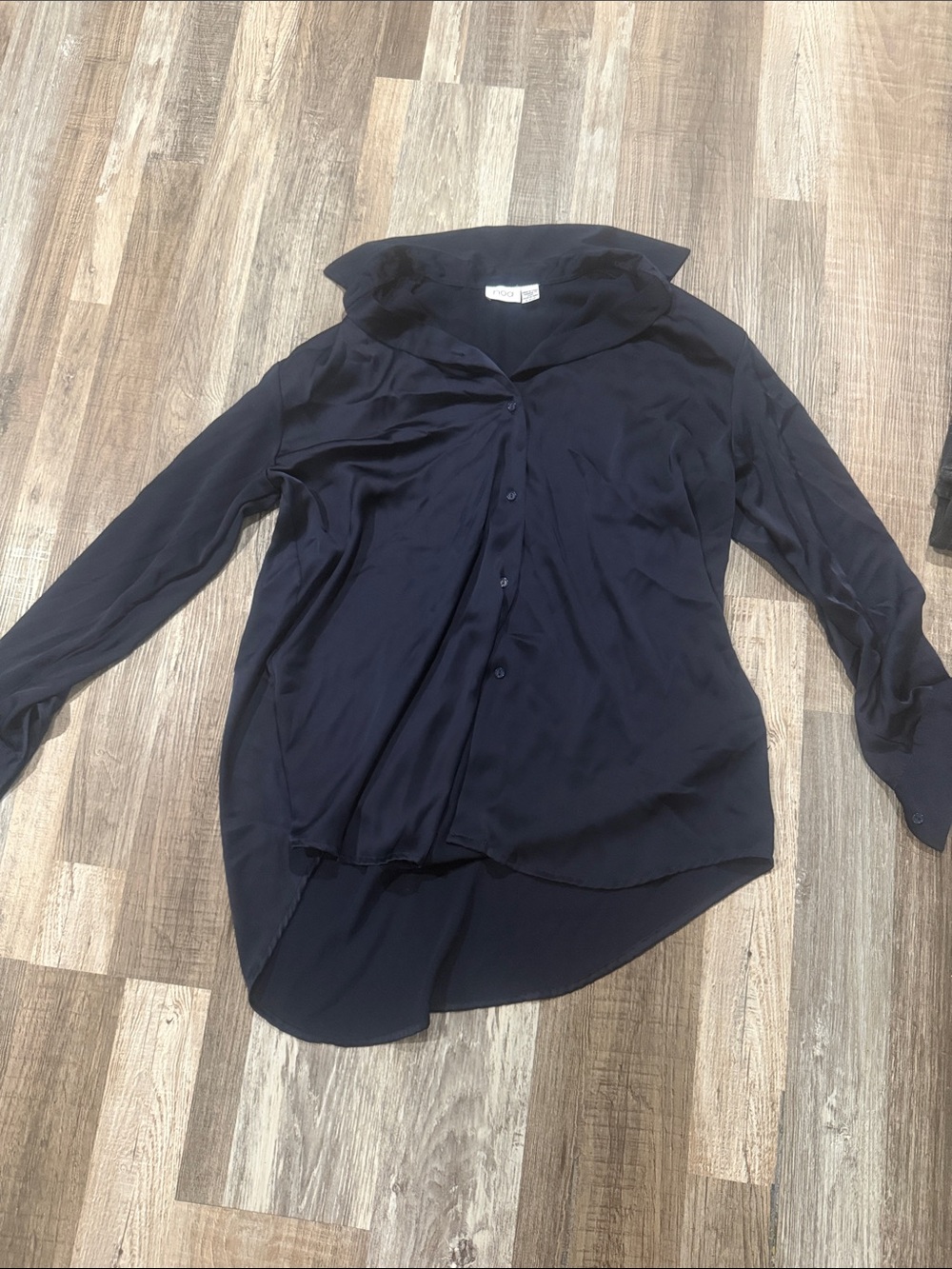 Button-Front Navy Long-Sleeve Blouse with Draped Collar